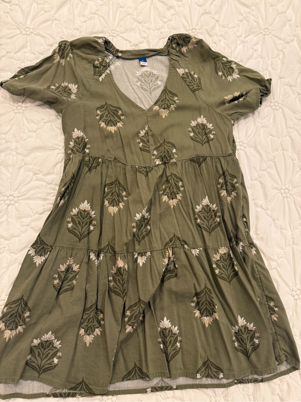 Old Navy Olive Green Floral Tiered V-Neck Dress